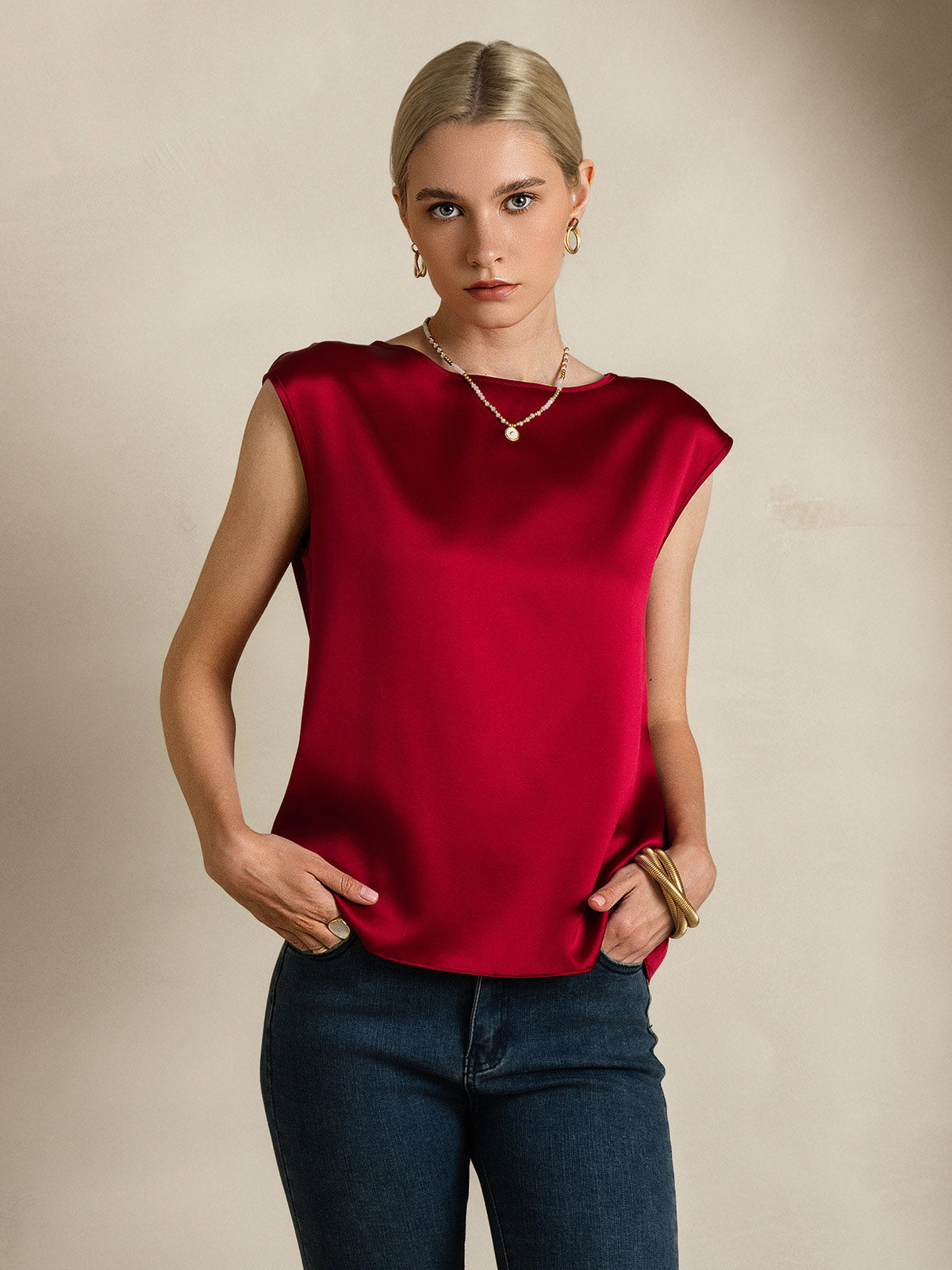 [Wine] SilkSilky-UK 19Momme Silk Round Neck Women's T-Shirt 006