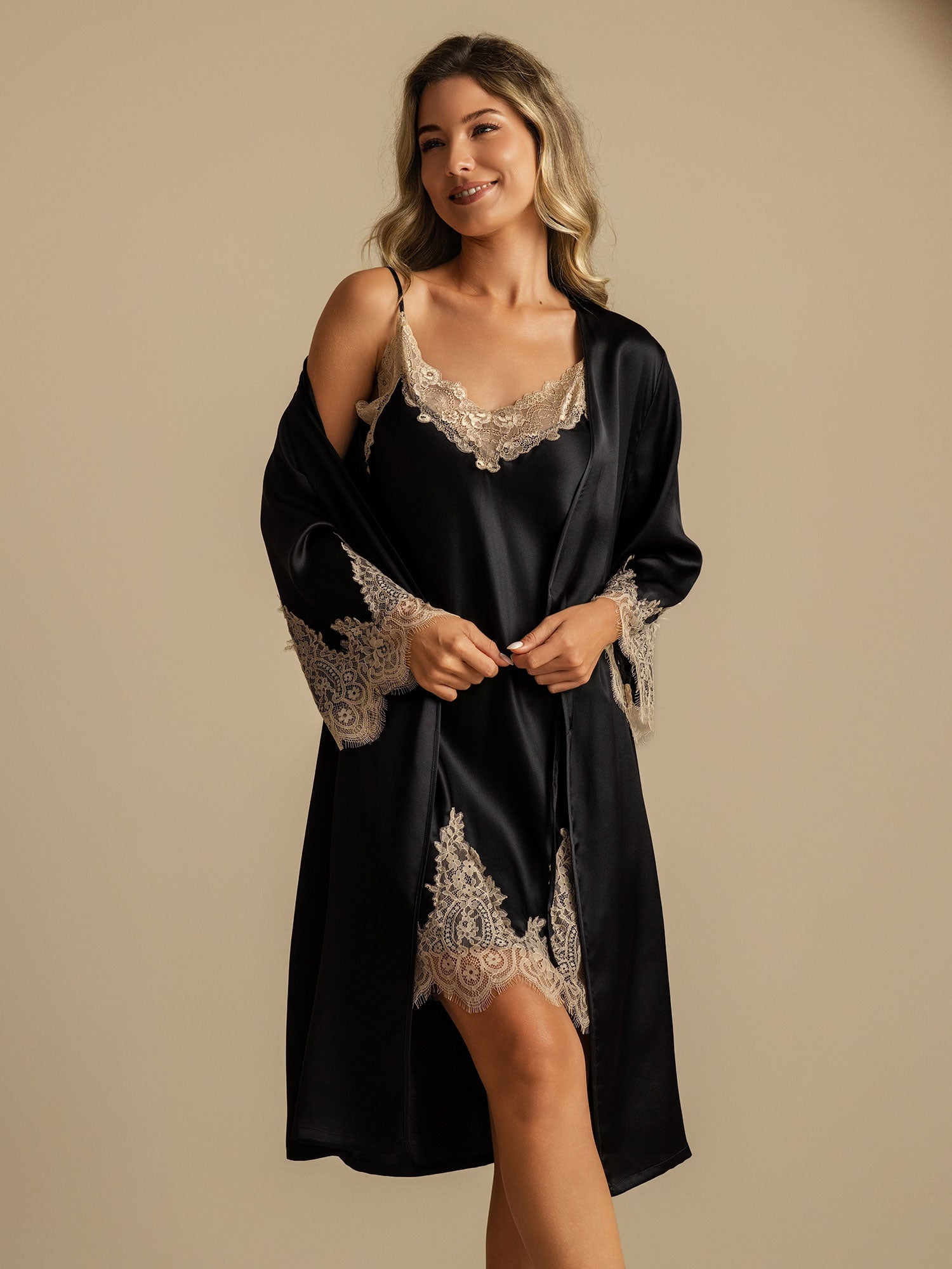 [Black] SilkSilky-UK Pure Silk Nightgown&Robe Set 007,