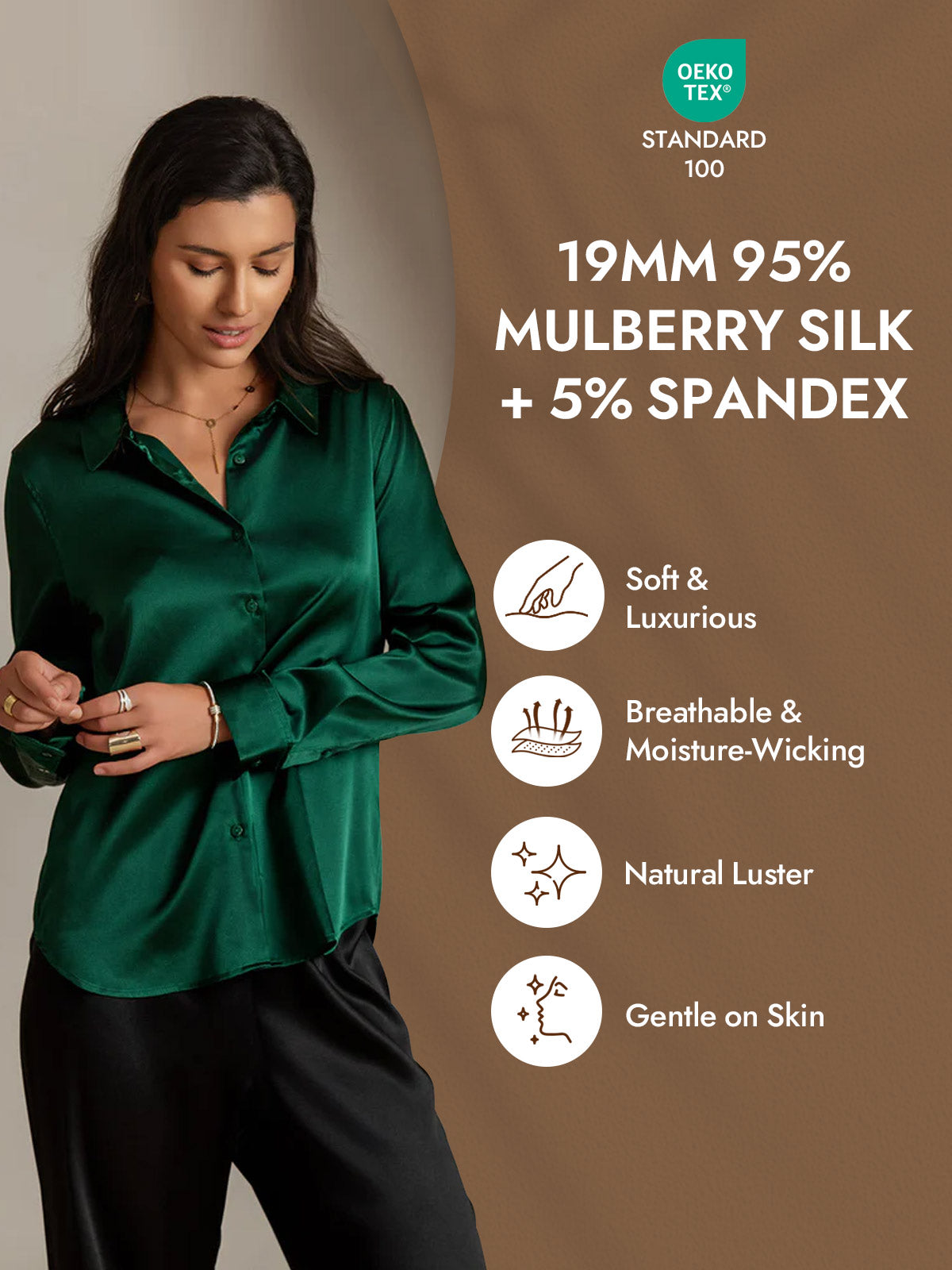 [Dark Green] SilkSilky-UK Silk Long Sleeve Collar Women's Shirt 004