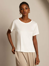 [White] SilkSilky-UK 100% Silk Jersey Short Sleeve Round Neck Women's T-Shirt 003