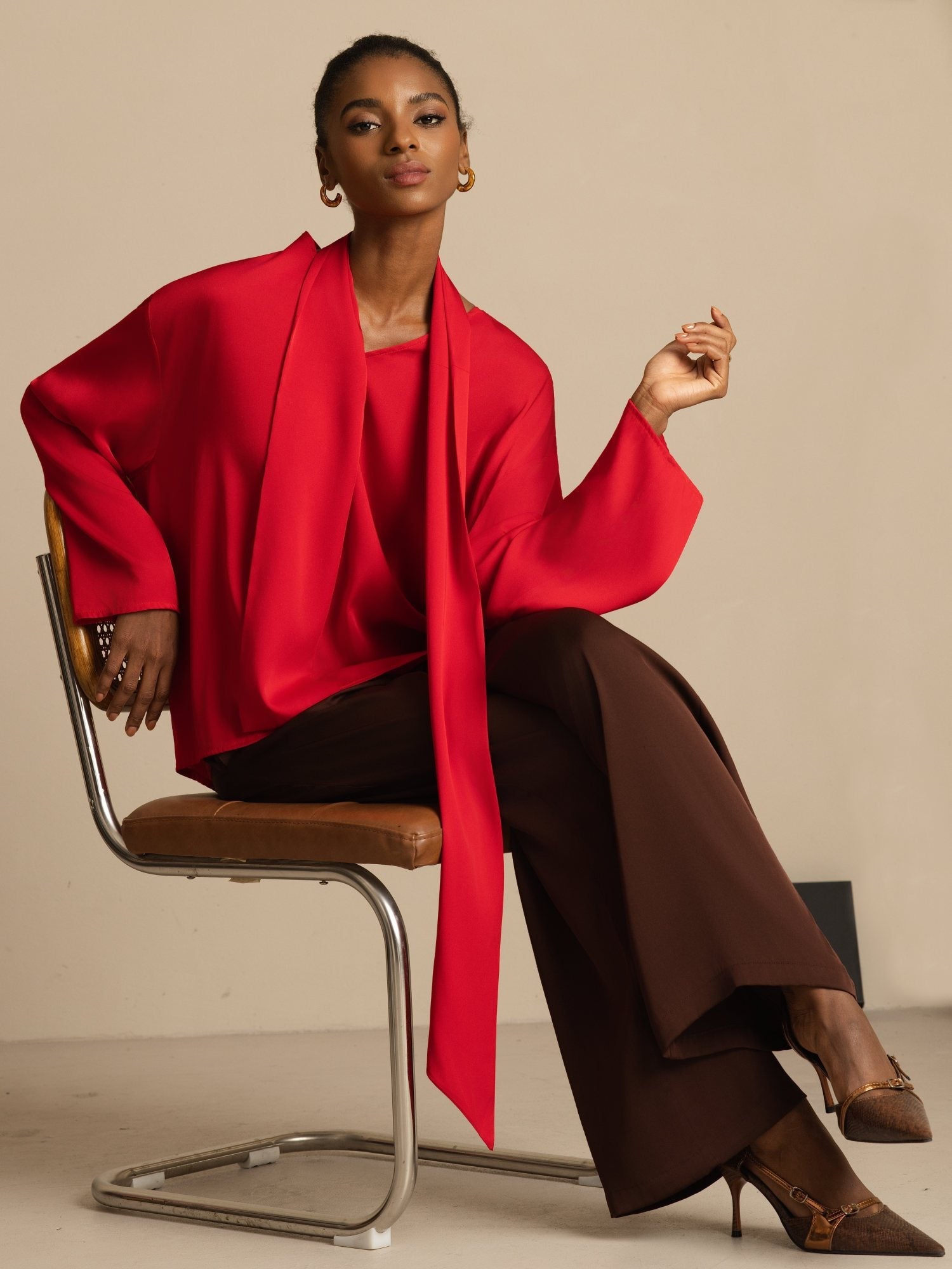 [Wine] SilkSilky-UK 19Momme Stretch Silk Double Georgette Long Sleeve V Neck Blouse 001