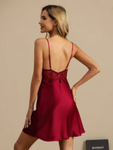 [Wine] SilkSilky-UK Spaghetti Strap Deep V Neck Nightdress 002