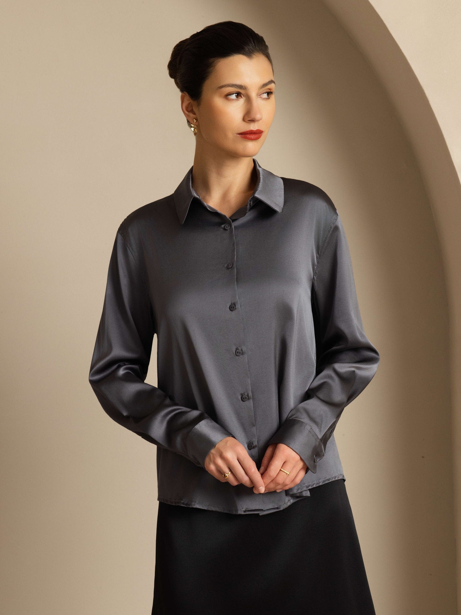 [Dark Gray] SilkSilky-UK 19Momme Stretch Silk Charmeuse Long Sleeve Lapel Collar Women's Shirt 007