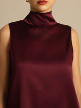 [Dark Red] SilkSilky-UK 19Momme Stretch Silk Charmeuse Sleeveless Tie Neck Blouse 005