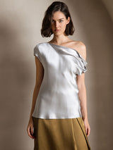 [Light Gray] SilkSilky-UK 19Momme Sleeveless One Shoulder Women's T-Shirt 001
