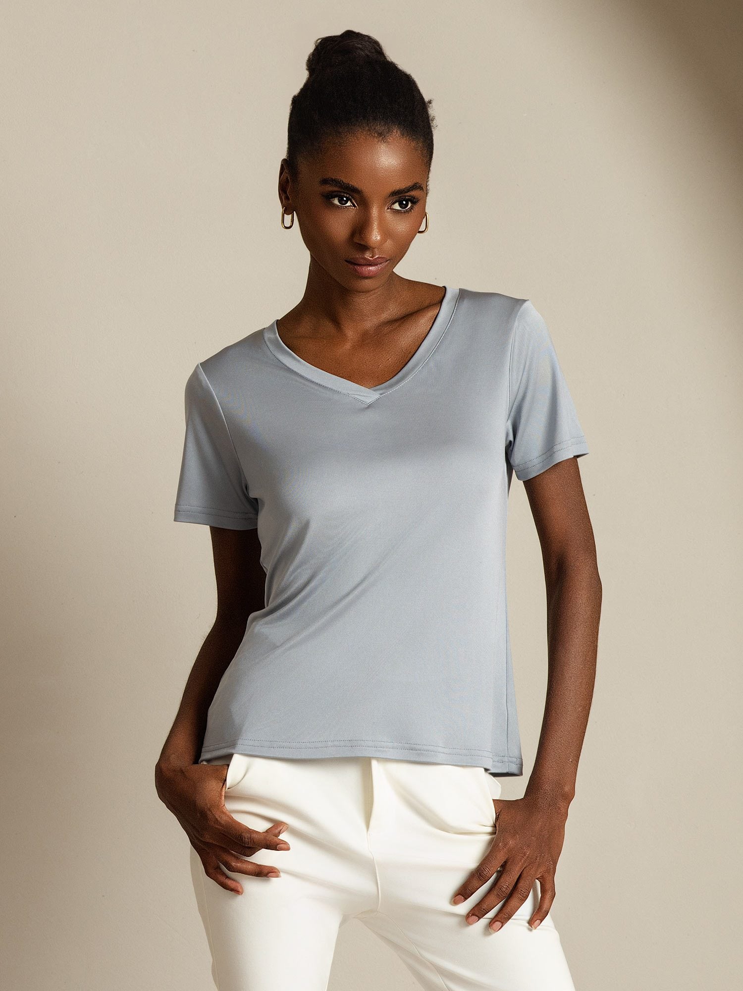 [LightGray] SilkSilky-UK Pure Silk V Neck Women's T-Shirt 001