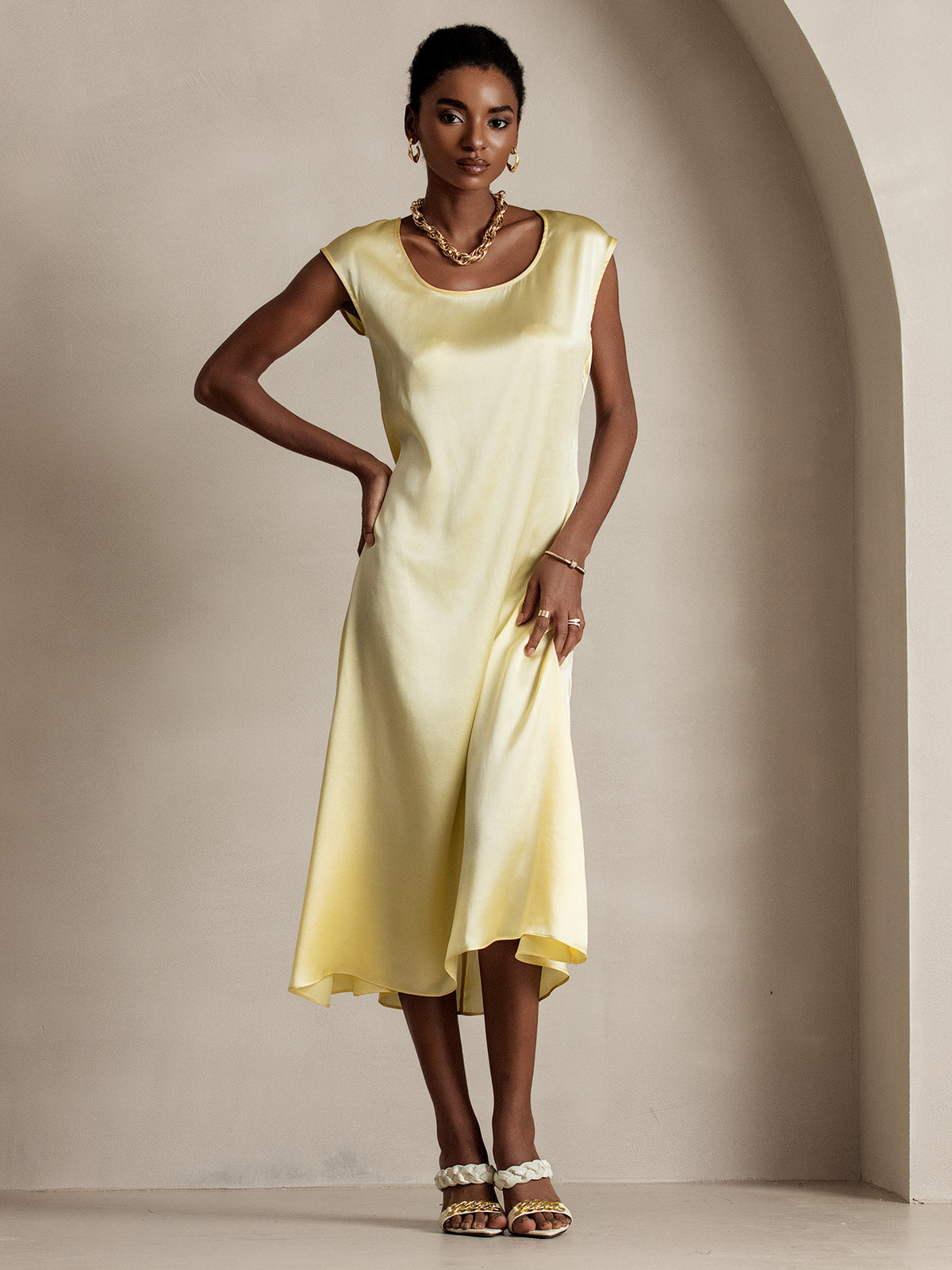 [Light Yellow] SilkSilky-UK 19Momme Silk Round Neck Dress 003
