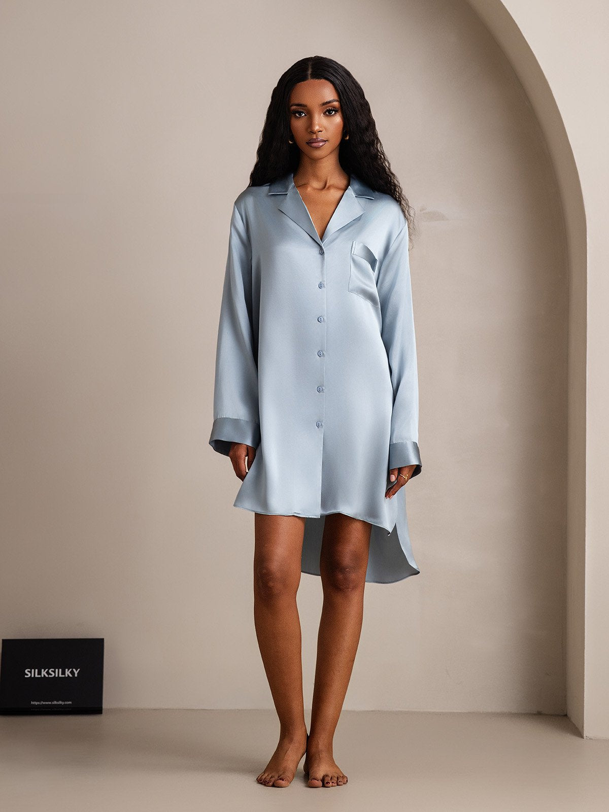 [GrayishBlue] SilkSilky-UK Pure Silk Collar Nightdress 003