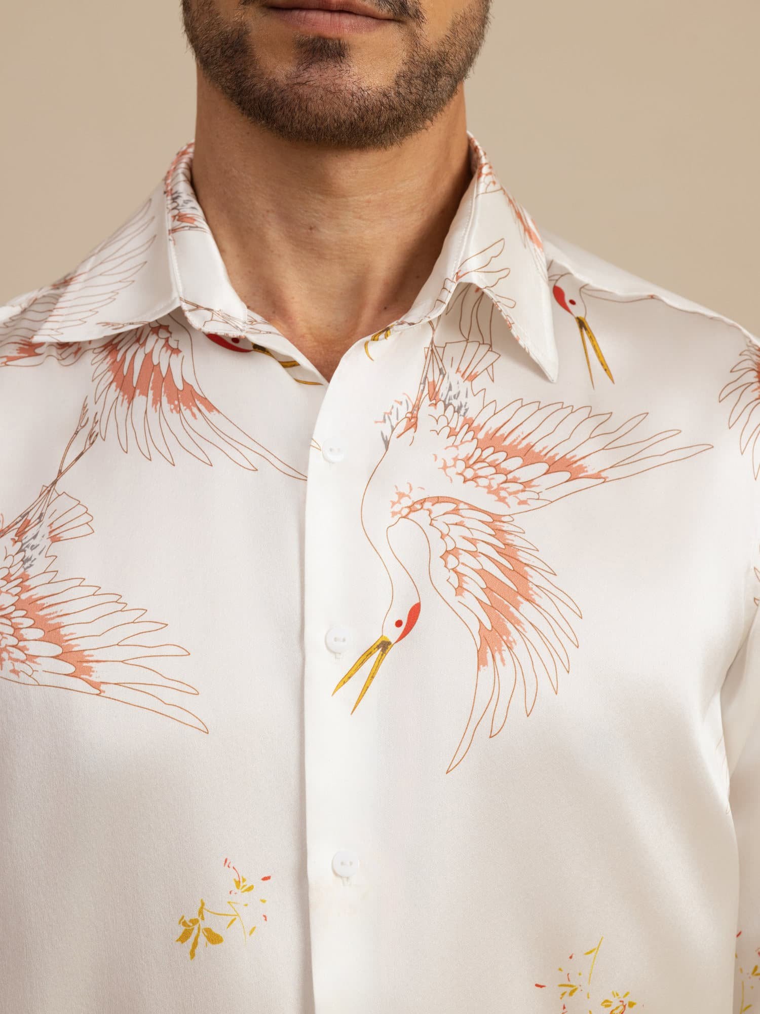 [White] SilkSilky-UK 19Momme Long Sleeve Lapel Collar Men's Shirt 005