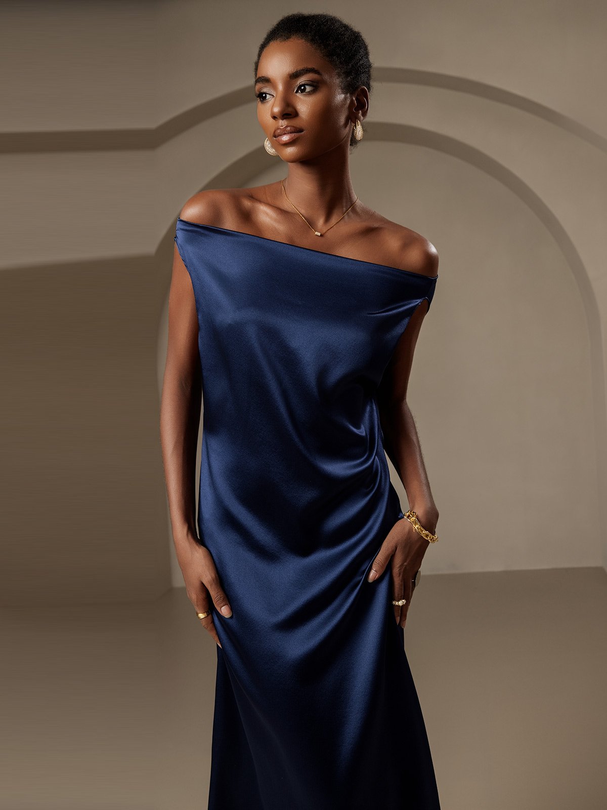 [Dark Blue] SilkSilky-UK 19Momme Sleeveless Cowl Neck Dress 004