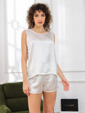 SilkSilky-UK Pure Silk Sleeveless Round Neck Women's Pyjamas White 005