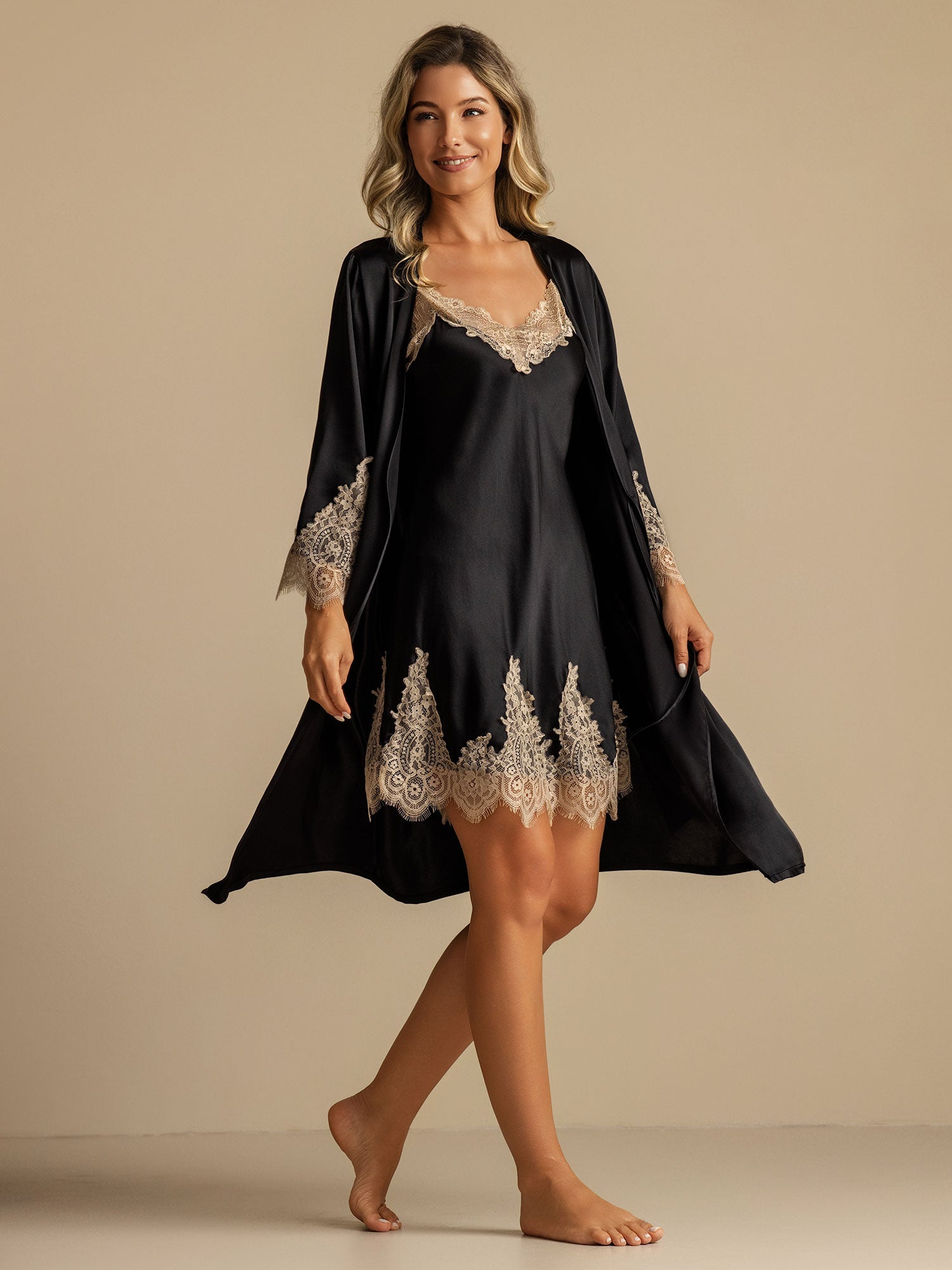 [Black] SilkSilky-UK Pure Silk Nightgown&Robe Set 001,