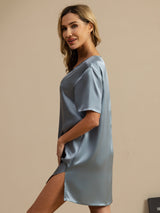 [Grayish Blue] SilkSilky-UK Half Sleeve V Neck Nightdress 004