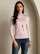 [Coral Pink] SilkSilky-UK Silk Jersey Long Sleeve Turtle Neck Women's T-Shirt 001