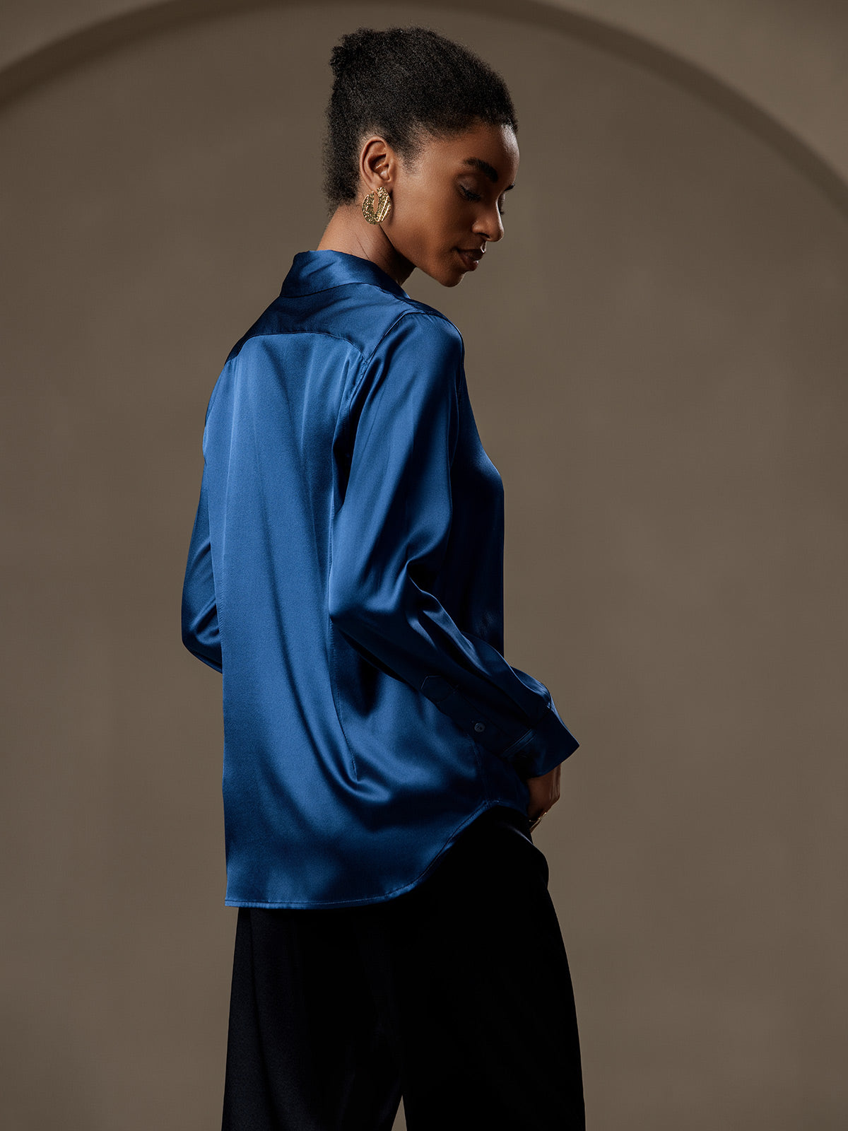 [Teal] SilkSilky-UK 19Momme Stretch Silk Charmeuse Long Sleeve Lapel Collar Women's Shirt 002