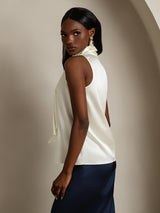[Ivory] SilkSilky-UK 19Momme Stretch Silk Charmeuse Sleeveless Tie Neck Blouse 002