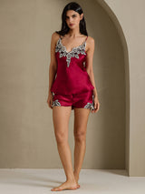 [Wine] SilkSilky-UK Spaghetti Strap V Neck Camisole Set 006