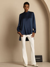 [Dark Blue] SilkSilky-UK 19Momme Stretch Silk Charmeuse Long Sleeve Stand Collar Blouse 008