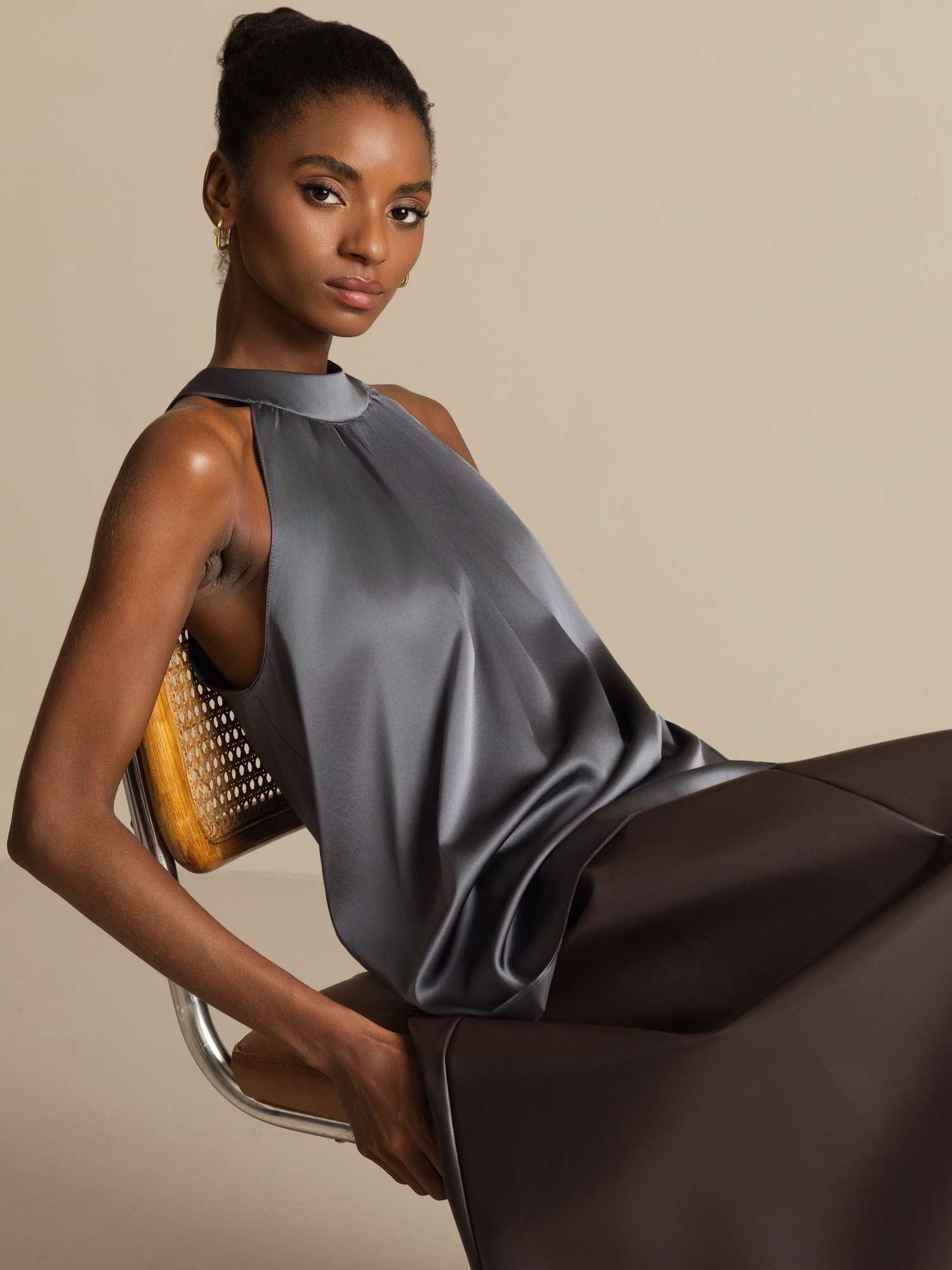 [Dark Gray] SilkSilky-UK 19Momme Silk Sleeveless Halter Neck Women's T-Shirt 006