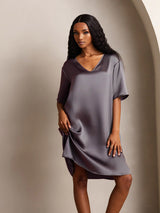 [Purple Gray] SilkSilky-UK Half Sleeve V Neck Nightdress 004