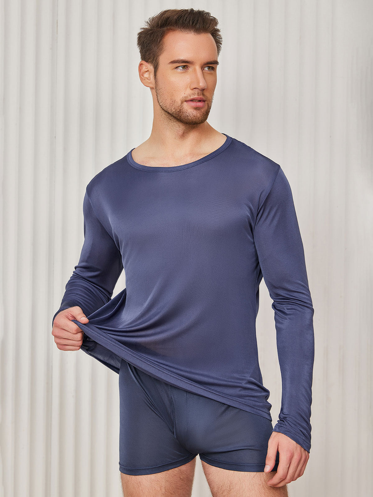 [Dark Blue] SilkSilky-UK 100% Silk Jersey Long Sleeve Round Neck Men's T-Shirt 001