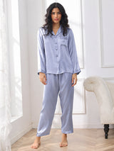 [Steel Blue] SilkSilky-UK Long Sleeve Lapel Collar Women's Pyjamas 005