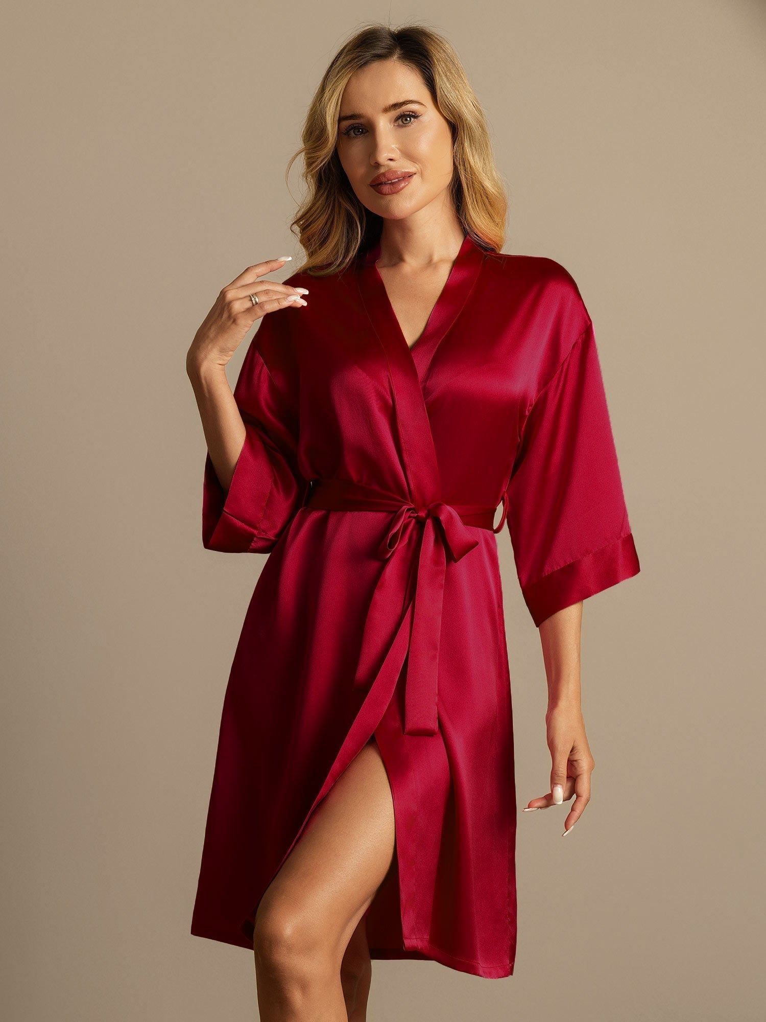 [Wine] SilkSilky-UK 3/4 Sleeve Women's Dressing Gown 001