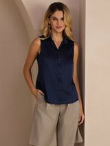 [Dark Blue] SilkSilky-UK Sleeveless Lapel Collar Women's Shirt 001