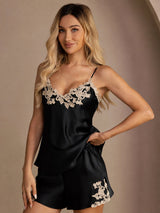 [Black] SilkSilky-UK Spaghetti Strap V Neck Camisole Set 001
