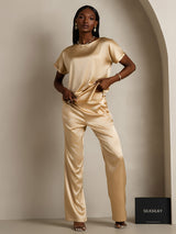 [Champagne] SilkSilky-UK Short Sleeve Boat Neck Women's T-Shirt 006