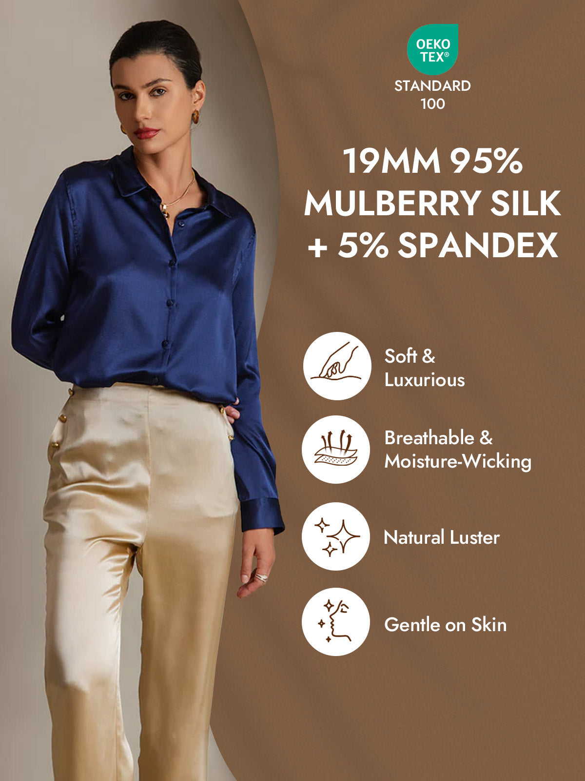 [Dark Blue] SilkSilky-UK Silk Long Sleeve Collar Women's Shirt 004