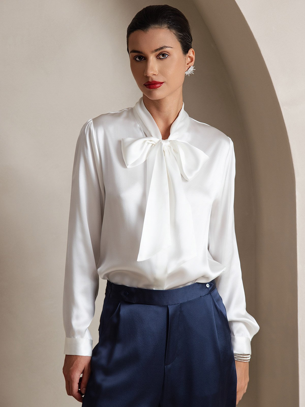 [White] SilkSilky-UK 19Momme Stretch Silk Charmeuse Long Sleeve Tie Neck Blouse 001