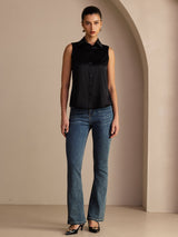 [Black] SilkSilky-UK Sleeveless Lapel Collar Women's Shirt 006