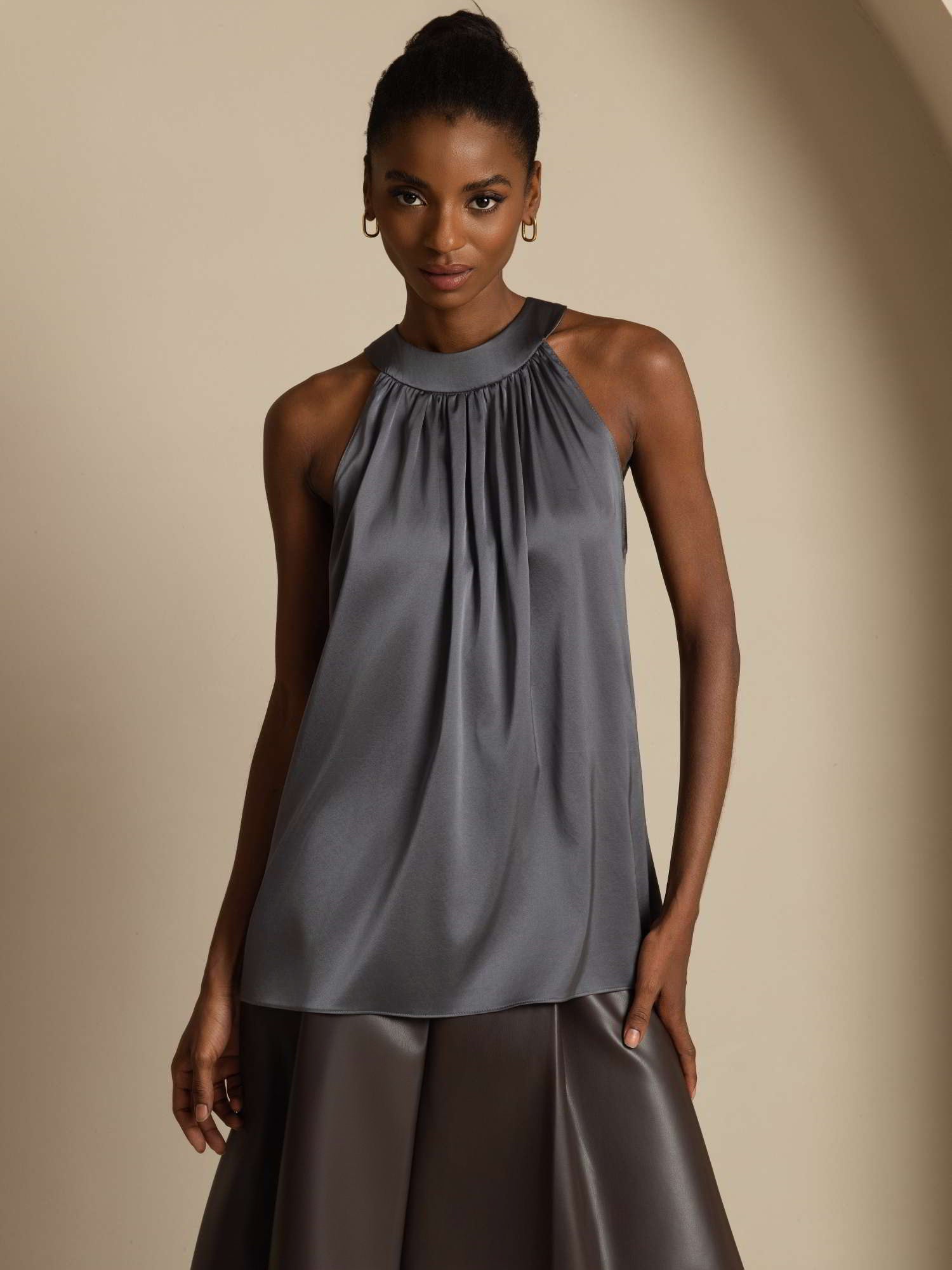 [Dark Gray] SilkSilky-UK 19Momme Silk Sleeveless Halter Neck Women's T-Shirt 001