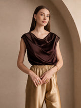 [Bitter Chocolate] SilkSilky-UK Cap Sleeve Cowl Neck Women's T-Shirt 001