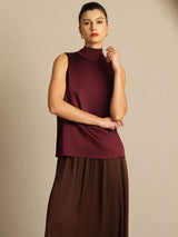 [Dark Red] SilkSilky-UK 19Momme Stretch Silk Charmeuse Sleeveless Tie Neck Blouse 007
