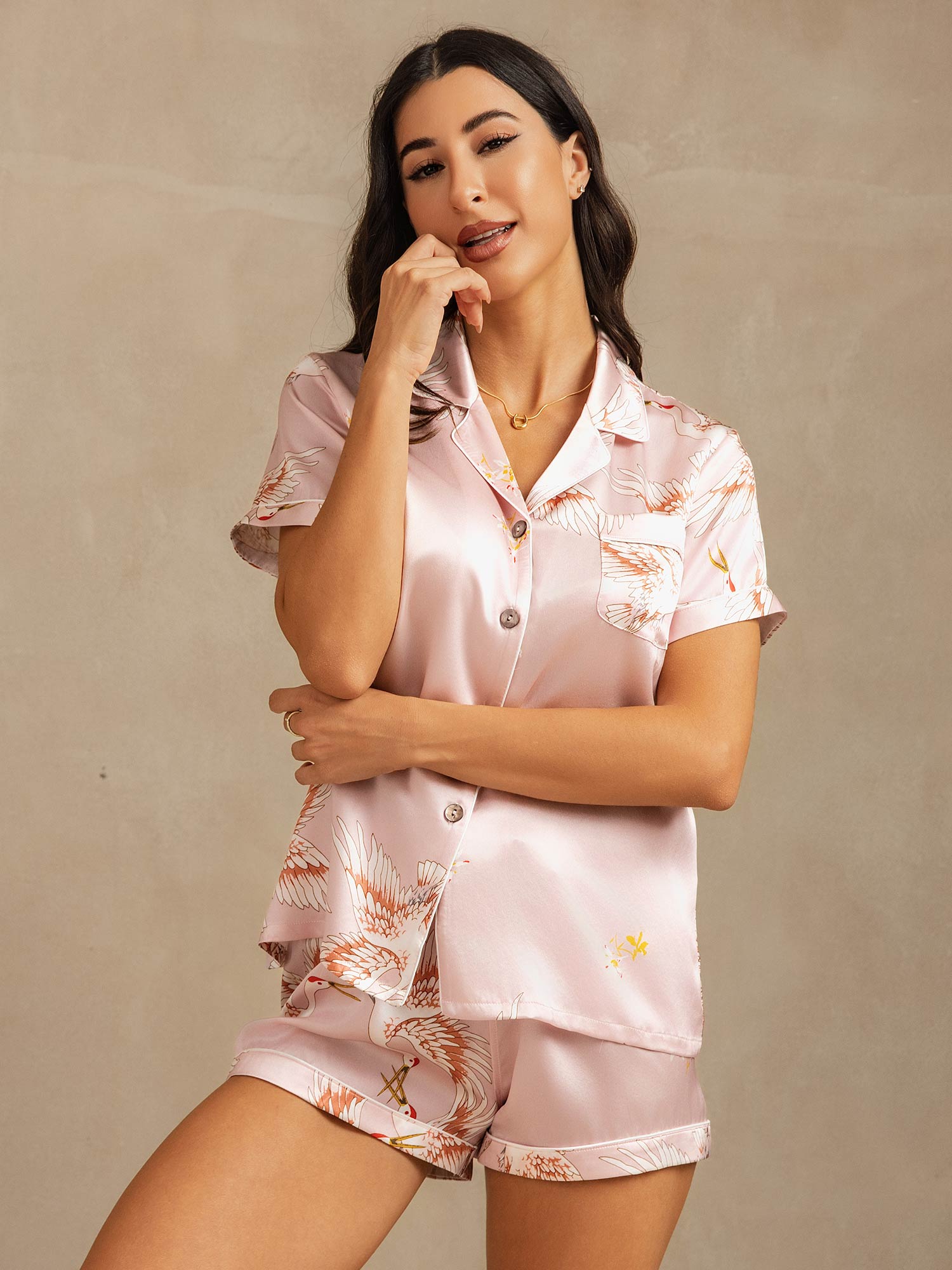 [Pink] SilkSilky-UK 19Momme Pure Silk Notch Collar Women's Pyjamas 003,