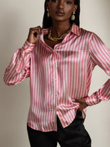 [Pink Stripe] SilkSilky-UK Long Sleeve Lapel Collar Women's Shirt 003