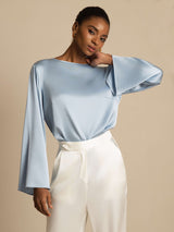 [Grayish Blue] SilkSilky-UK Long Sleeve Boat Neck Blouse 001