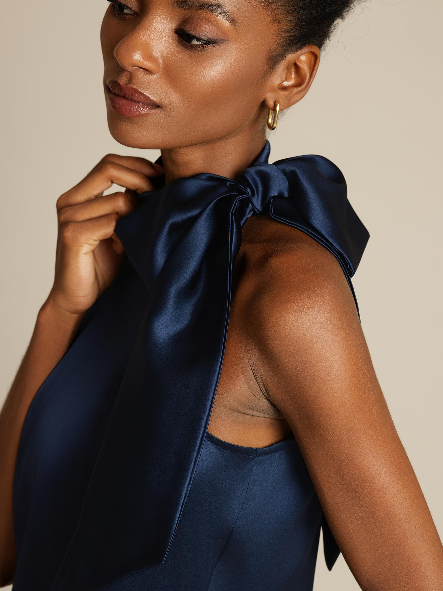 [Dark Blue] SilkSilky-UK 19Momme Silk Tie Neck Dress 004,