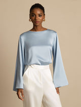 [Grayish Blue] SilkSilky-UK Long Sleeve Boat Neck Blouse 006