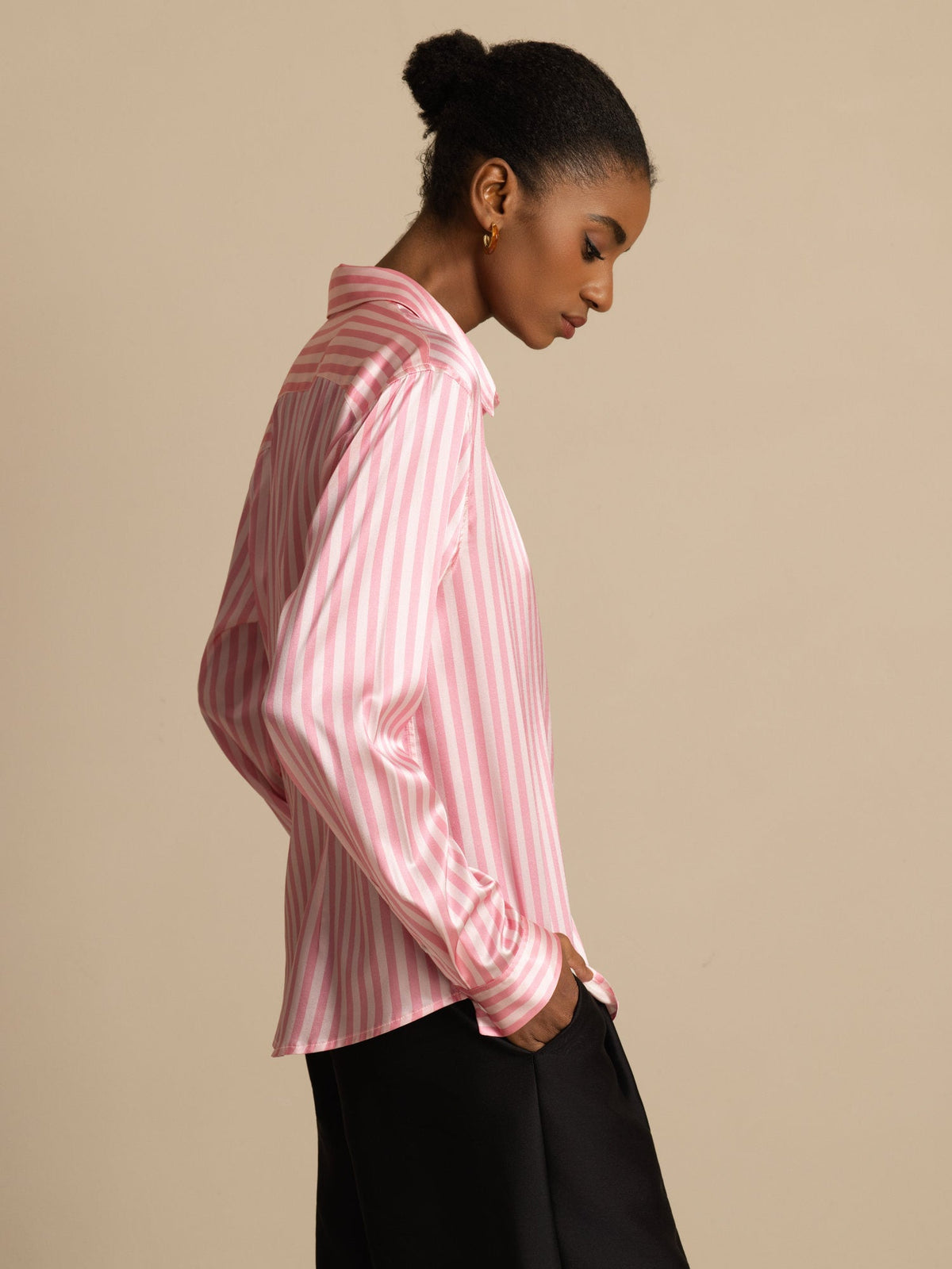 [Pink Stripe] SilkSilky-UK Long Sleeve Lapel Collar Women's Shirt 002