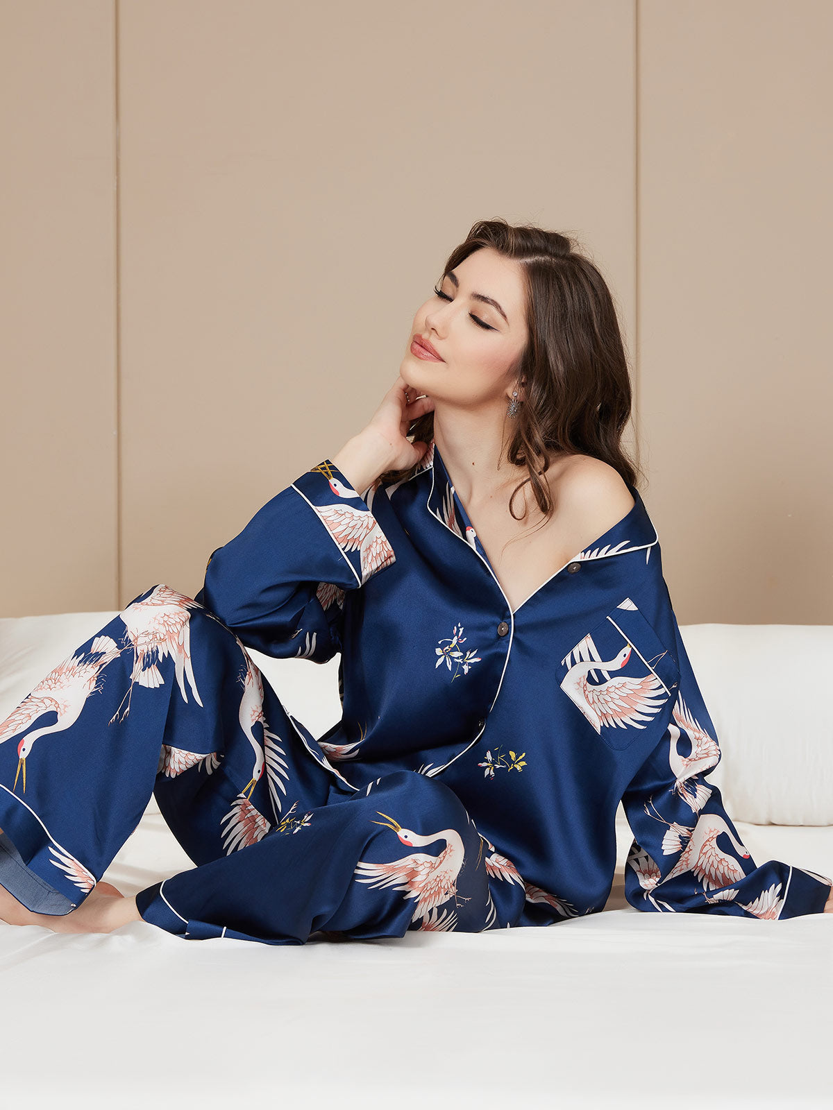 [Dark Blue] SilkSilky-UK Long Sleeve Lapel Collar Women's Pyjamas 001