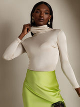 [Beige] SilkSilky-UK Silk Jersey Long Sleeve Turtle Neck Women's T-Shirt 003