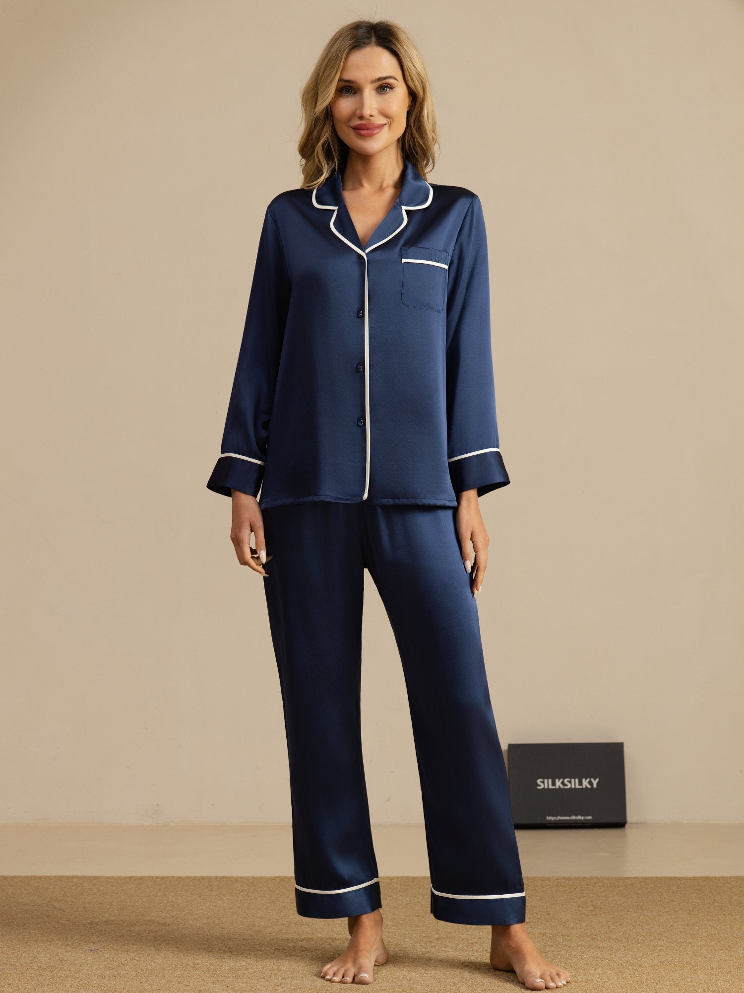 [Dark Blue] SilkSilky-UK Long Sleeve Notch Collar Women's Pyjamas 001