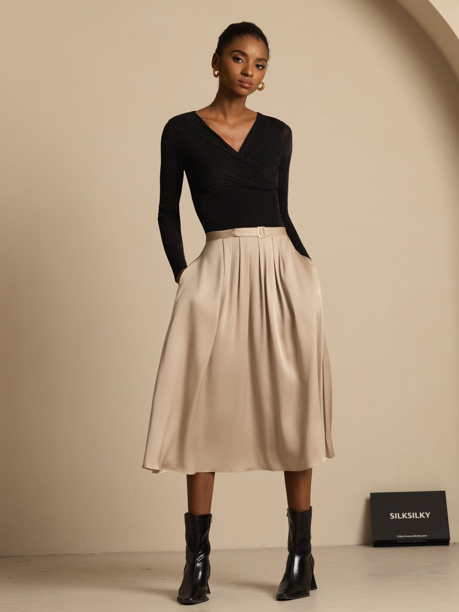 [Tan] SilkSilky-UK 19Momme Stretch Silk Double Georgette Skirt 005