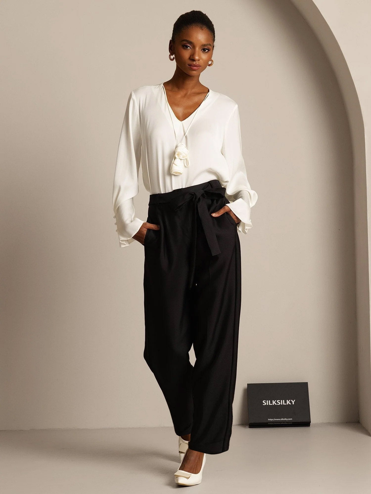 [Black] SilkSilky-UK 32Momme Silk-Wool Blend Womens Pants 003,