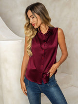 [Dark Red] SilkSilky-UK Sleeveless Lapel Collar Women's Shirt 005