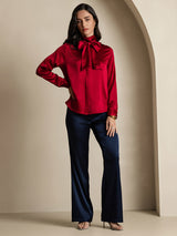 [Wine] SilkSilky-UK Long Sleeve Tie Neck Blouse 006