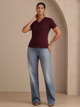 [Wine] SilkSilky-UK Short Sleeve V Neck Women's T-Shirt 006